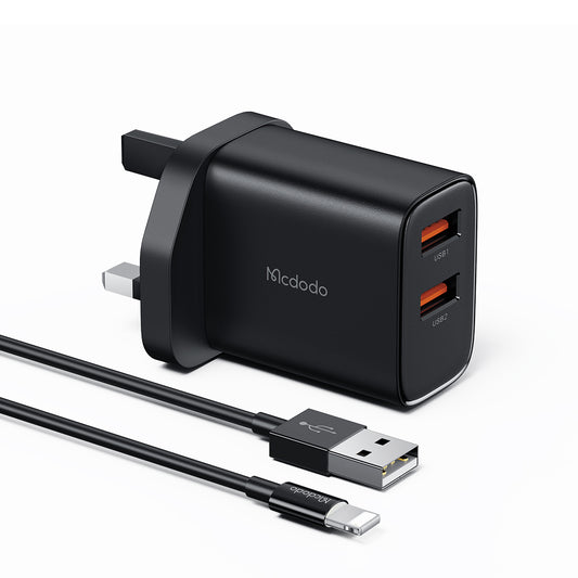Carregador USB duplo Mcdodo 12W com cabo Lightning (plugue do Reino Unido) 